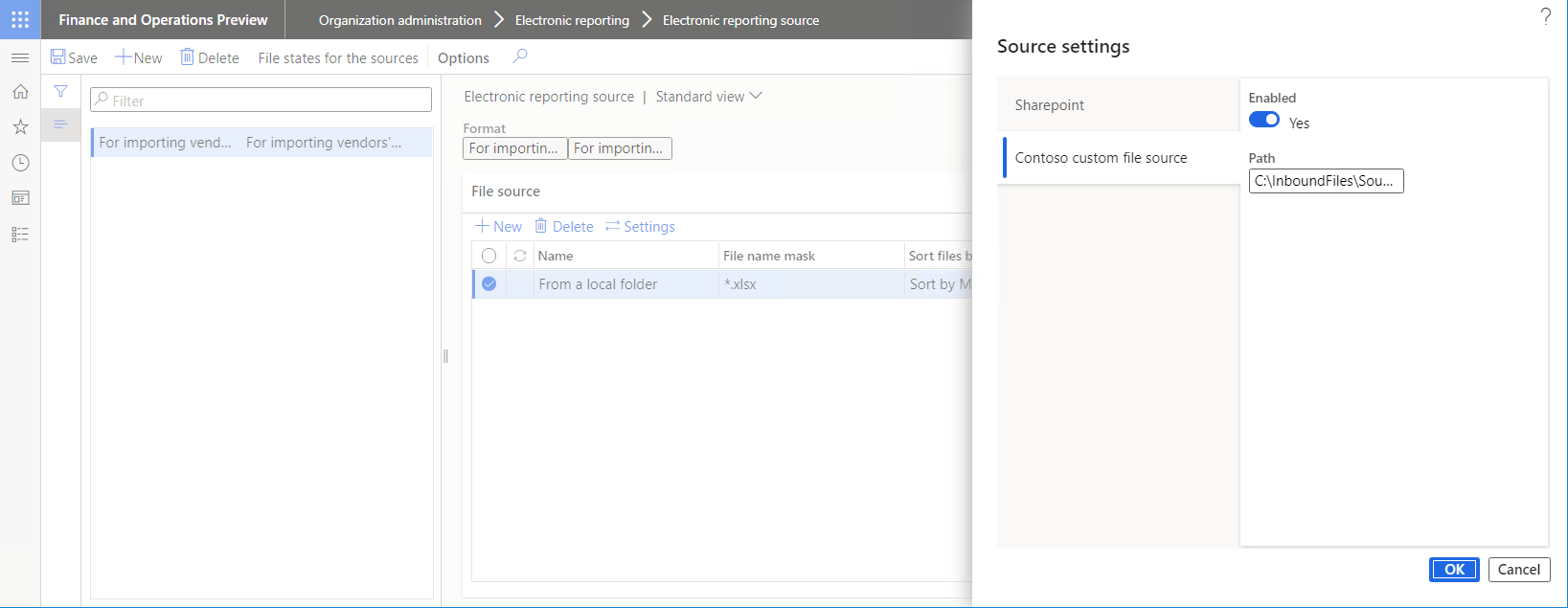 Configuring the custom source of inbound files in the Source settings dialog box.