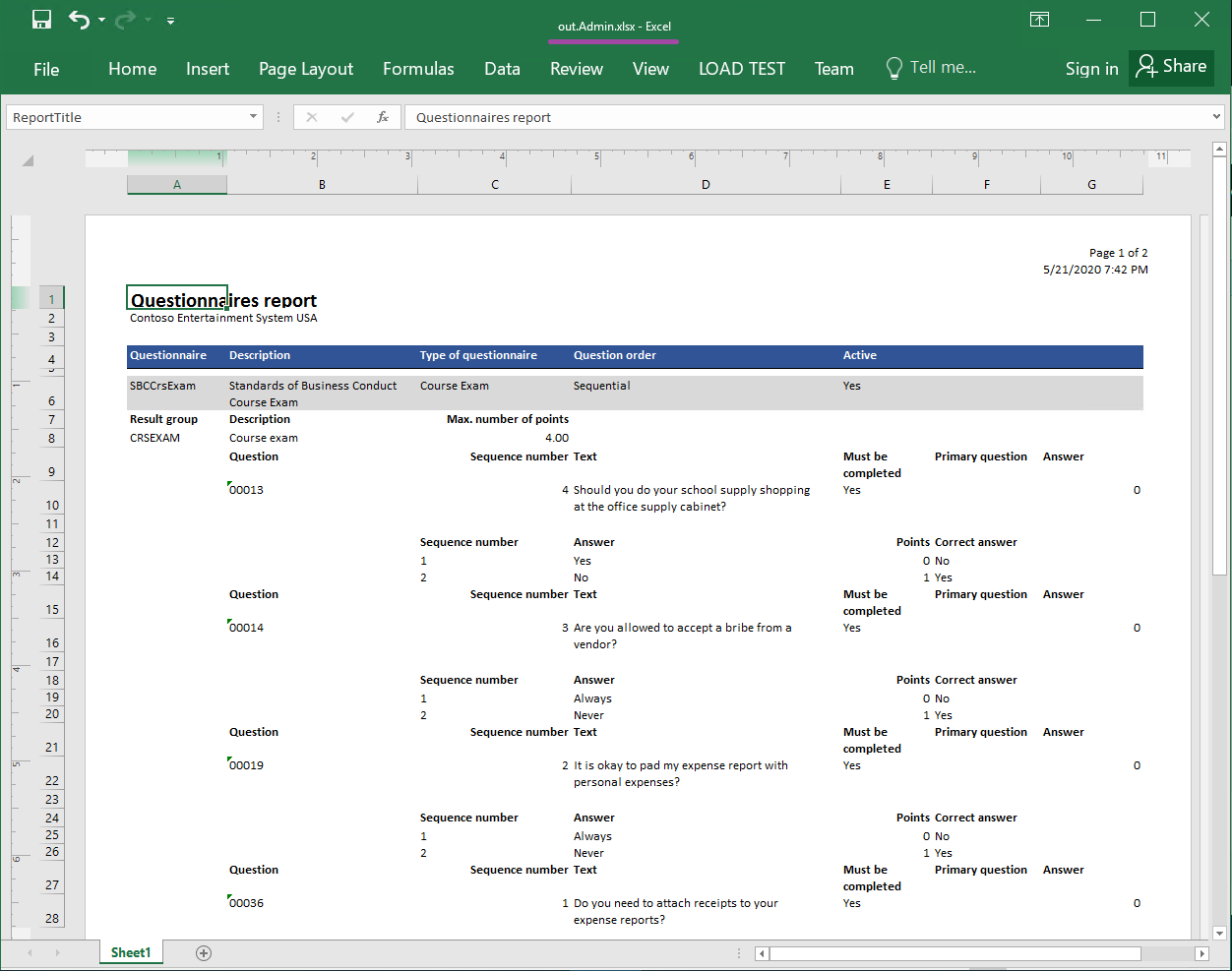 Příklad vygenerované sestavy ve formátu Excel, strana 1.