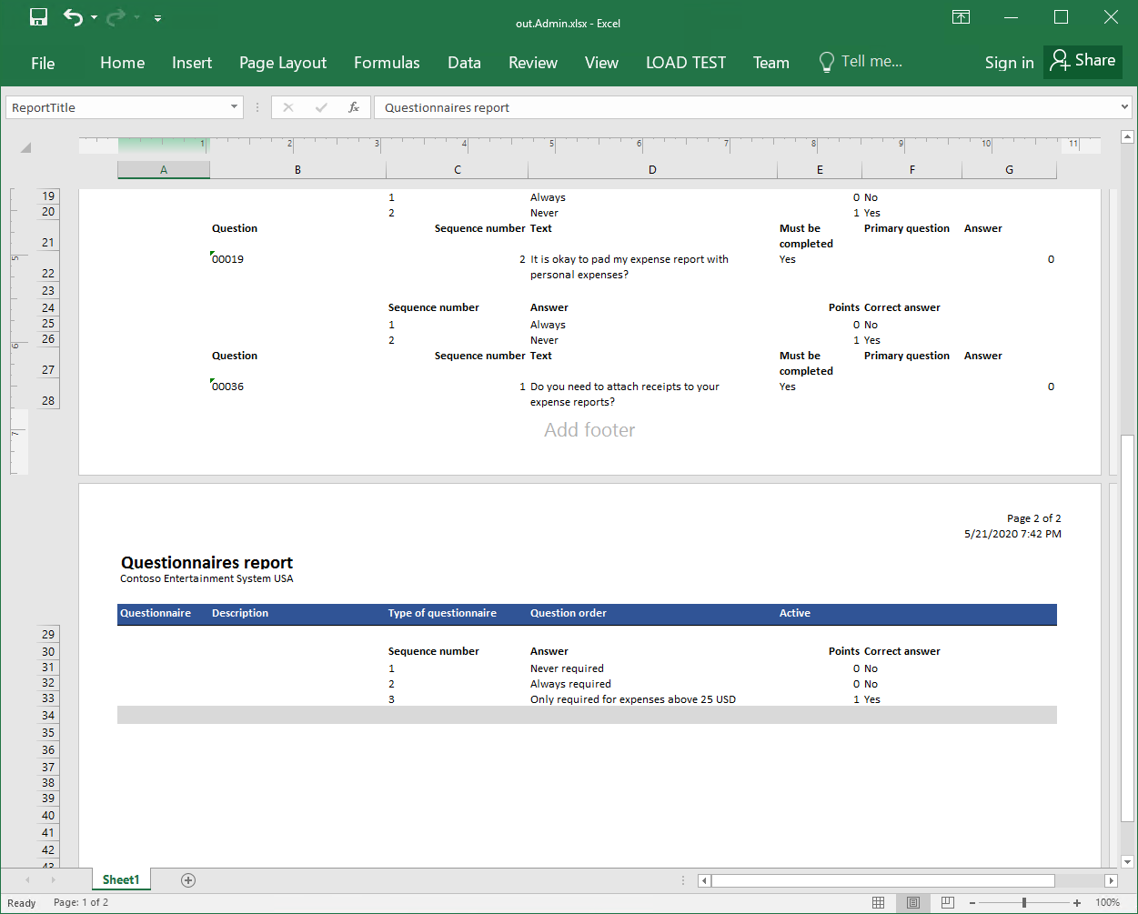 Příklad vygenerované sestavy ve formátu Excel, strana 2.