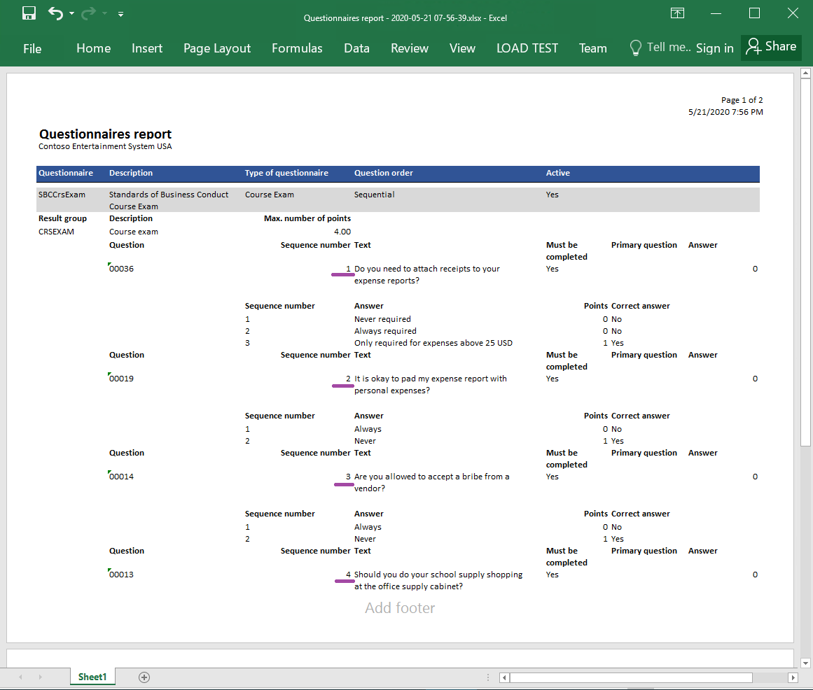 Generovaná sestava ve formátu Excel, která má správně uspořádané otázky.