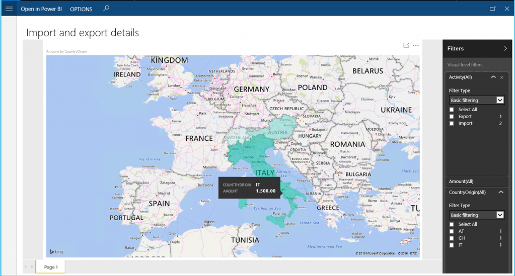 Sestava podrobností o Importu a exportu navržených v Power BI.