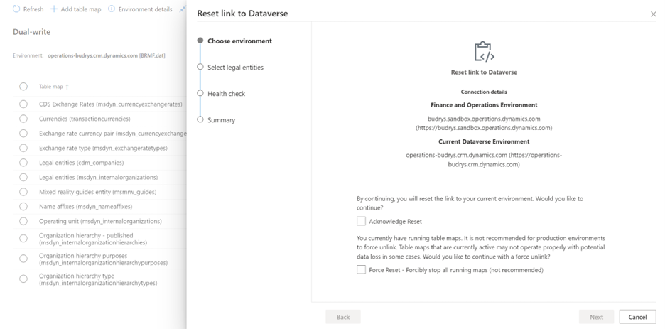 Choose environment page in the Reset link to Dataverse wizard for scenario 4. Reset Link to Dataverse.