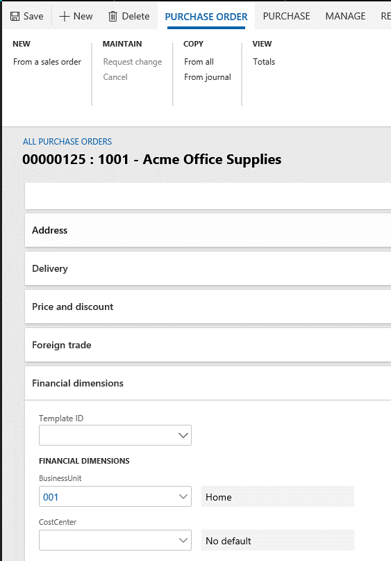 Default dimension copied to a document header (purchase order).