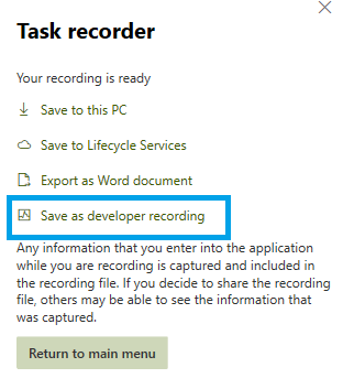 Save task recording as developer.