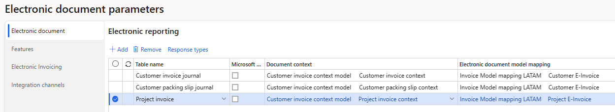 Screenshot of the setup on the Electronic document tab of the Electronic document parameters page.