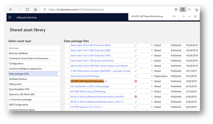 Downloading the UK MTD VAT ReportFieldLookup data package file from the LCS Shared asset library.