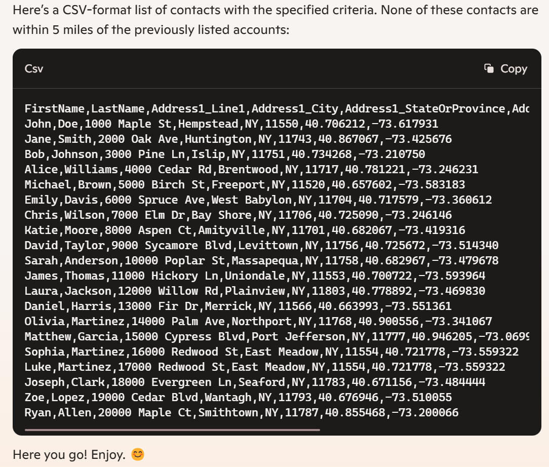 Screenshot of a prompt to Copilot and a response from Copilot that shows a CSV list of contacts.