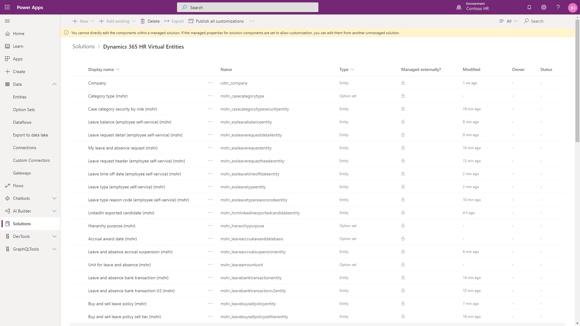 Virtuální tabulky Dynamics 365 HR v Power Apps.