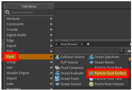 Particle Fluid Surface command.