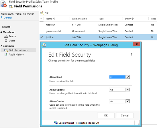 Úprava formuláře zabezpečení polí v aplikacích Dynamics 365.