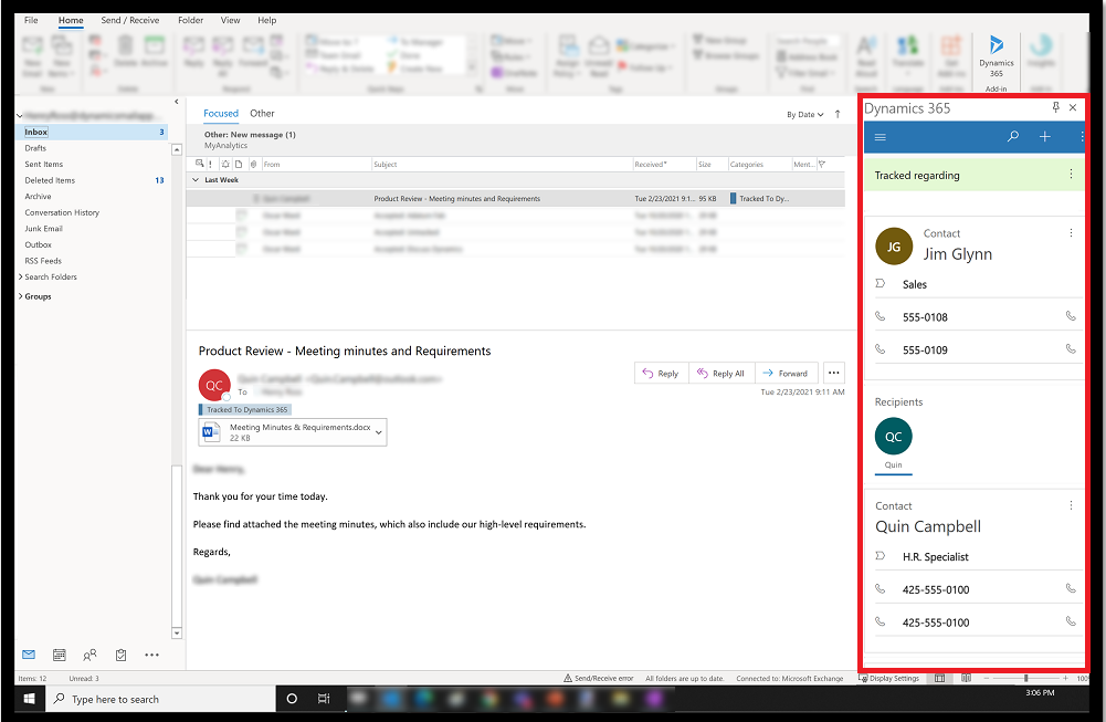 Podokno Dynamics 365 App for Outlook.