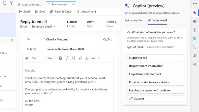 The Copilot option to write an email lets you respond to customer service queries with a click.