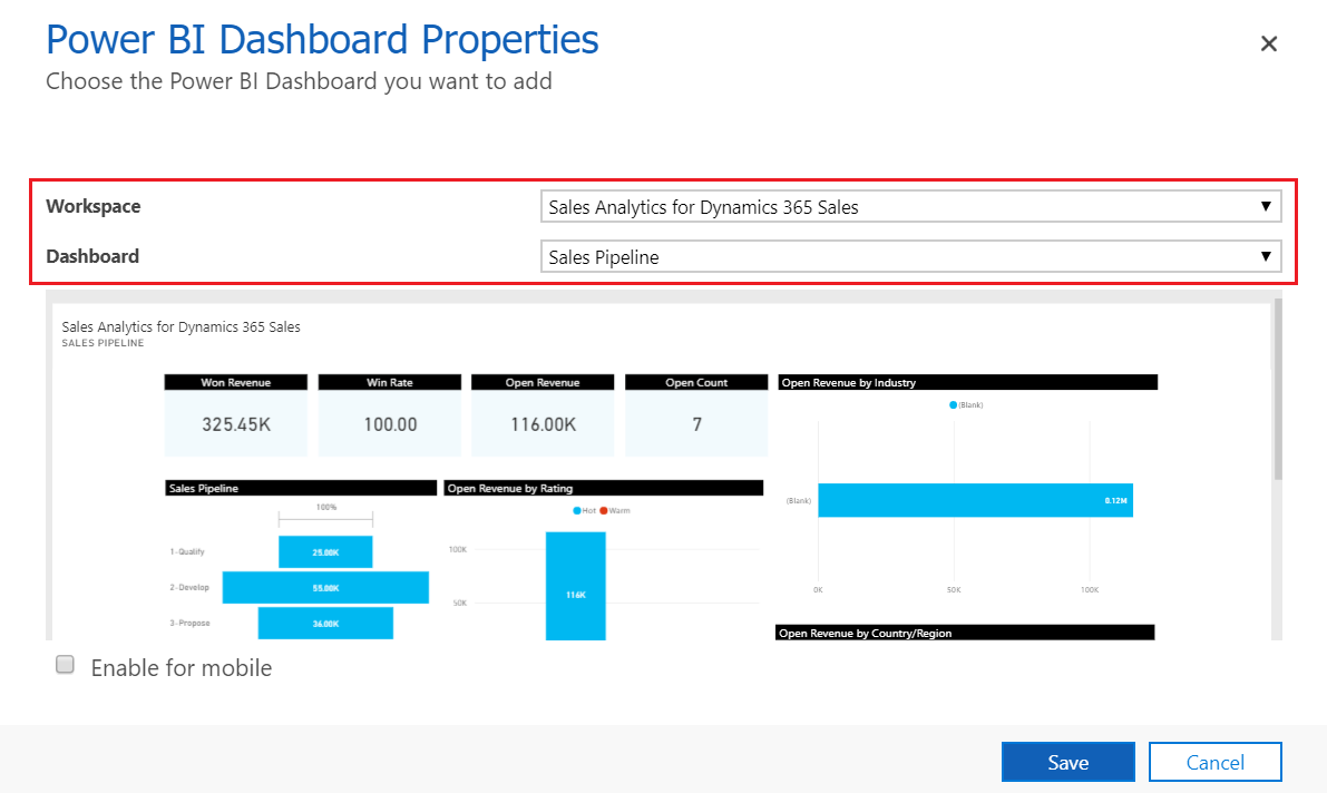 Vlastnosti řídicího panelu Power BI.