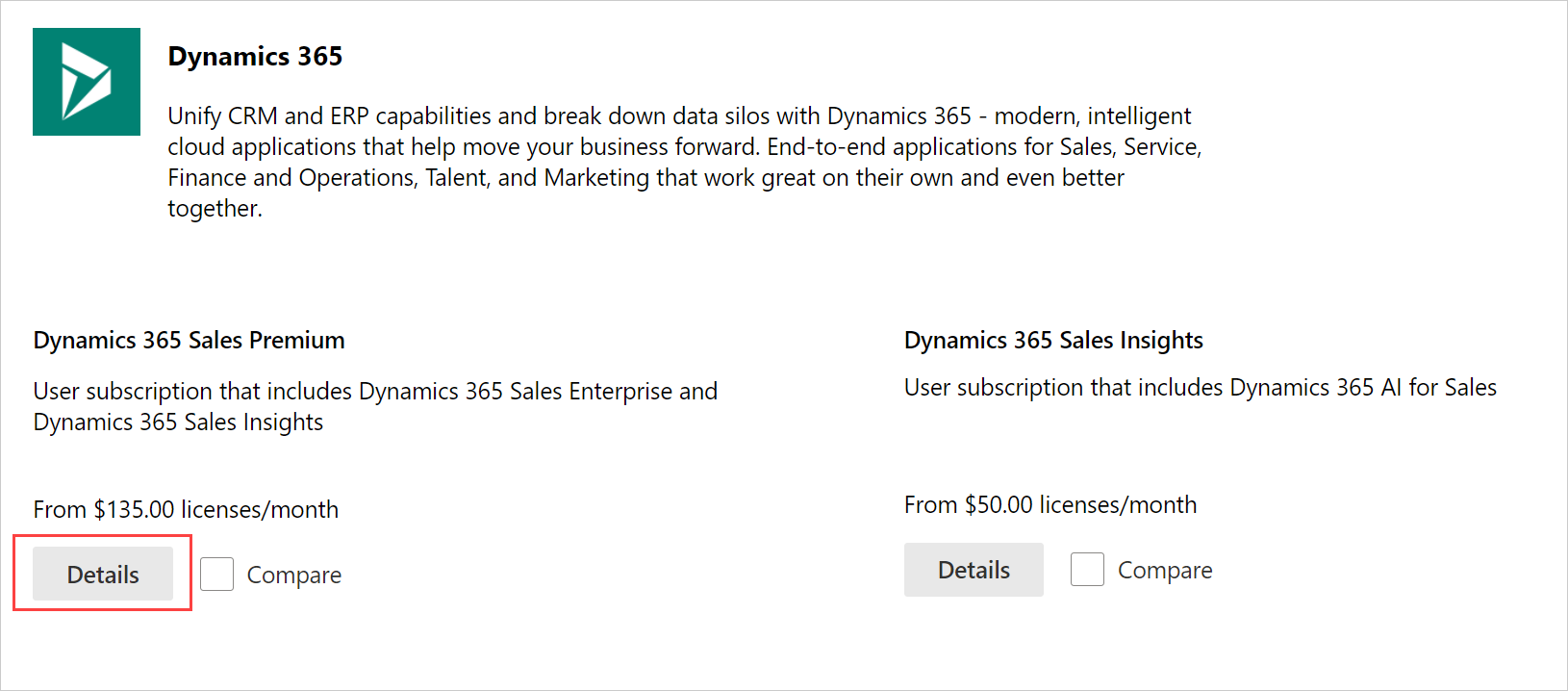 Screenshot licenční stránky Dynamics 365 Sales Premium se zvýrazněným tlačítkem Podrobnosti.