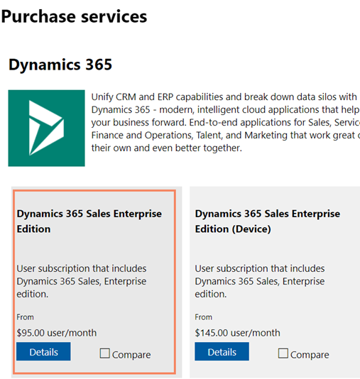 Výběr dlaždice Dynamics 365 Sales Enterprise.