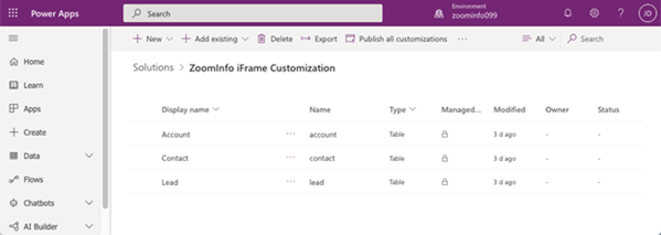 Do iframe ZoomInfo byly přidány tabulky účtů, kontaktů a zájemců