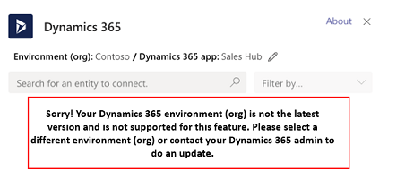 Chyba „Vaše prostředí Dynamics 365 není aktuální a pro tuto funkci není podporováno“.