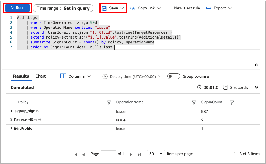 Snímek obrazovky s editorem protokolů Log Analytics