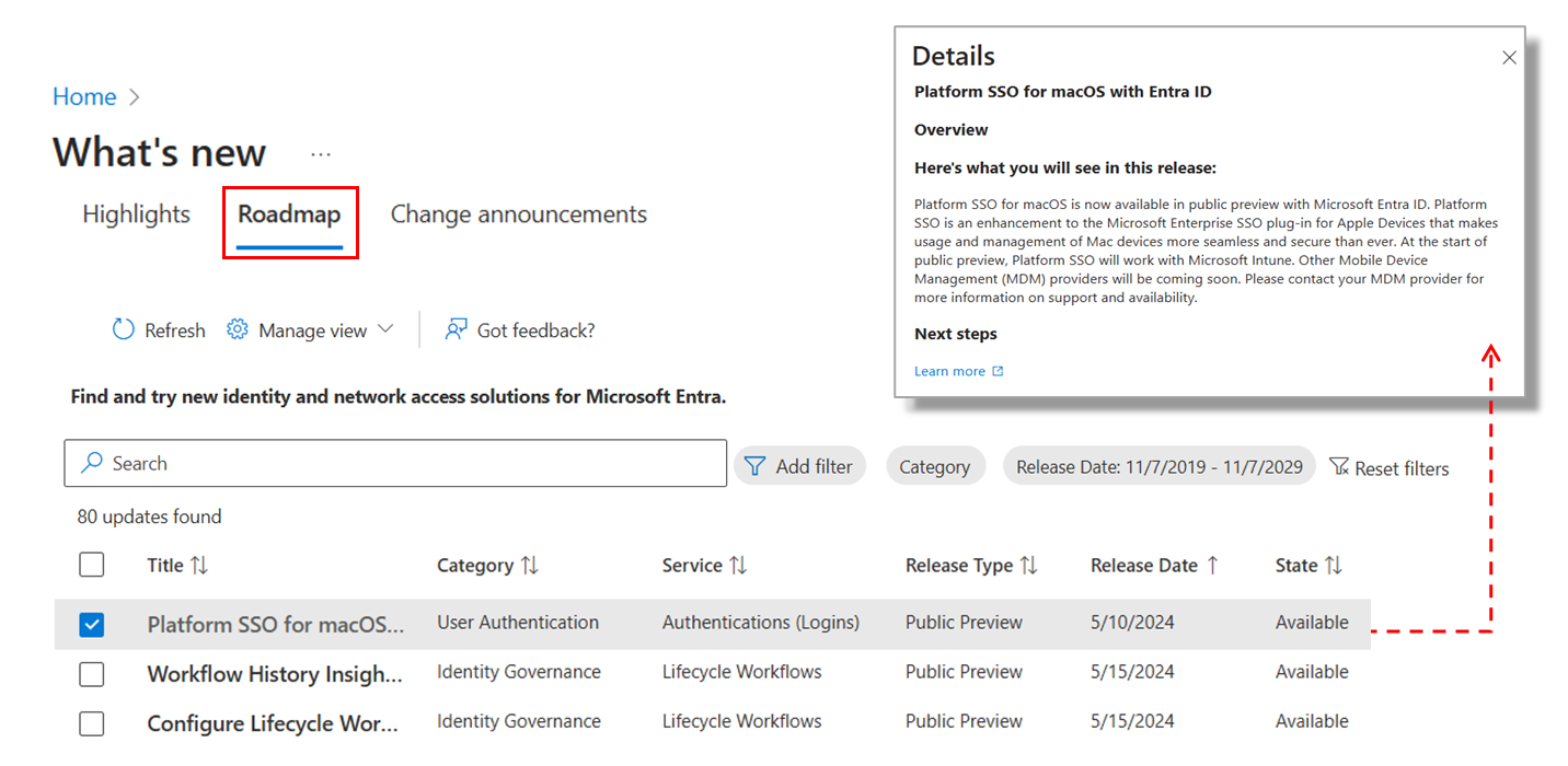 Snímek obrazovky s prostředím Microsoft Entra What's new Roadmap v Centru pro správu Microsoft Entra