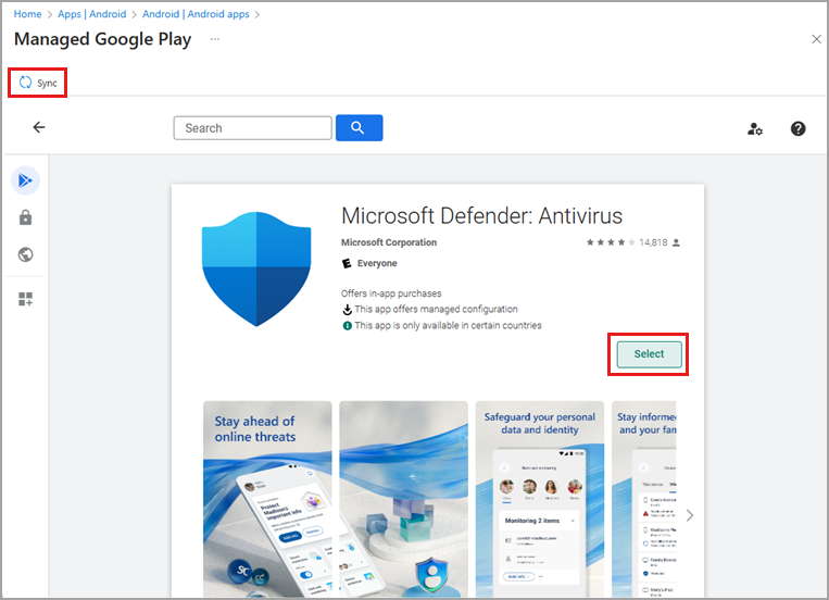 Snímek obrazovky s podrobnostmi o aplikaci Defender se zvýrazněným tlačítkem Synchronizovat