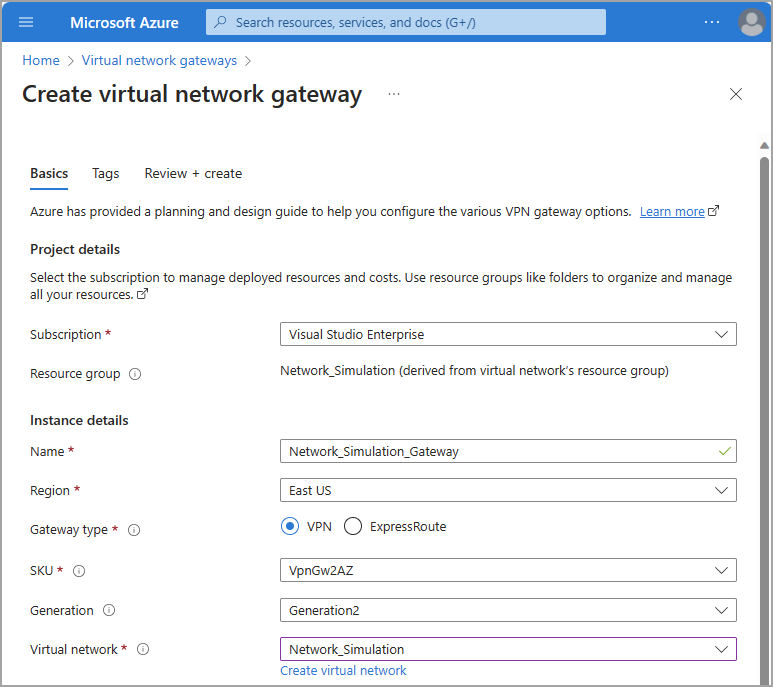 Snímek obrazovky webu Azure Portal znázorňující nastavení konfigurace brány virtuální sítě