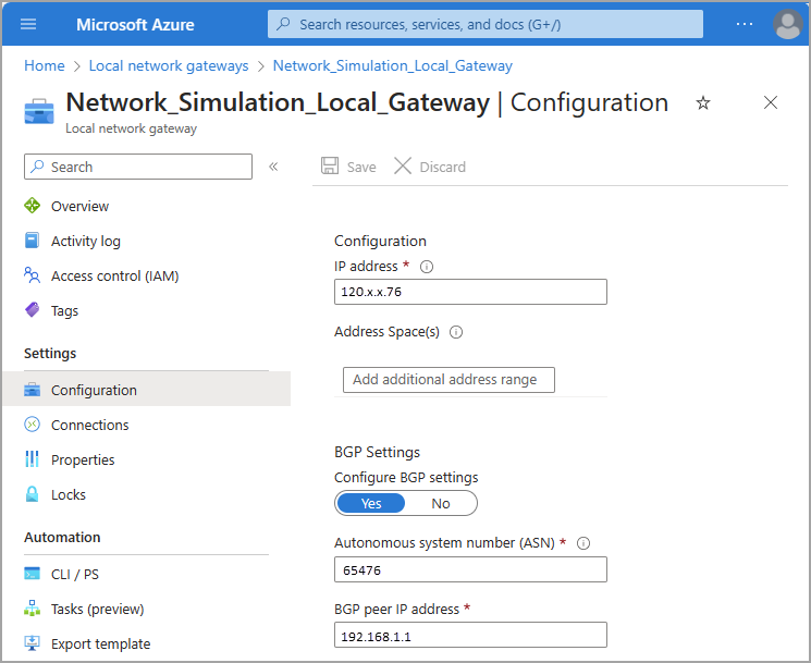 Snímek obrazovky webu Azure Portal znázorňující nastavení konfigurace pro bránu místní sítě