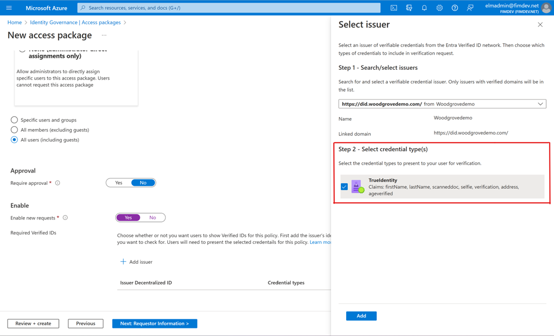 Snímek obrazovky s typy přihlašovacích údajů pro Ověřené ID Microsoft Entra