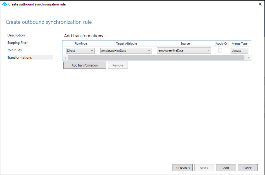 Snímek obrazovky s vytvářením transformací pravidel odchozí synchronizace