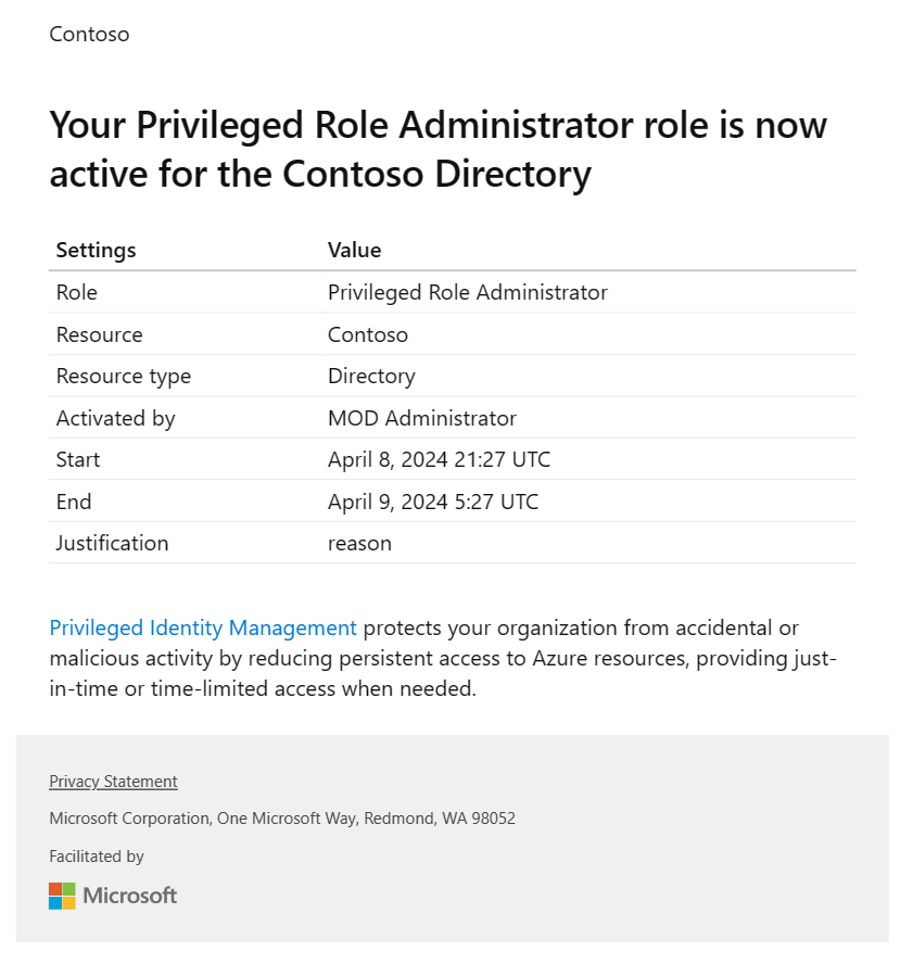 Snímek obrazovky znázorňující nový e-mail Privileged Identity Management pro role Microsoft Entra