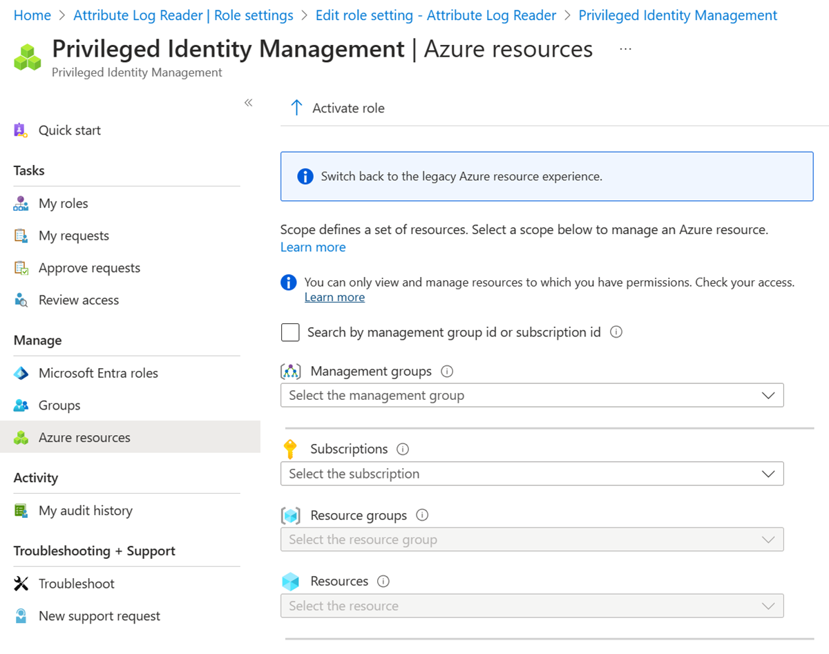 Snímek obrazovky s podoknem prostředků Privileged Identity Management