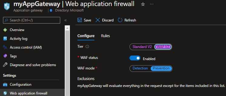 snímek obrazovky s povolením waf ve službě Application Gateway