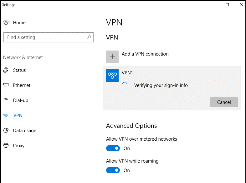 Okno VPN nastavení systému Windows