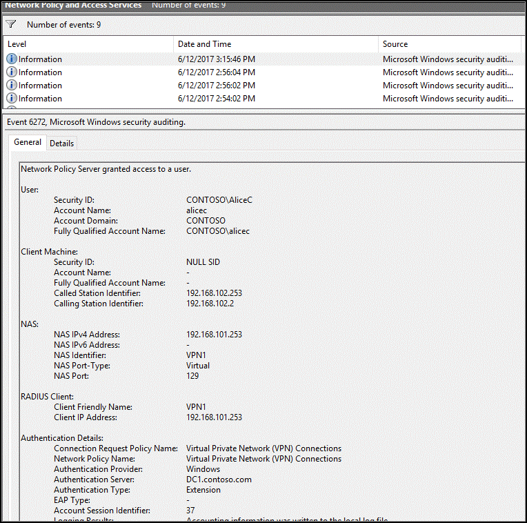 Příklad záznamu serveru Network Policy Server