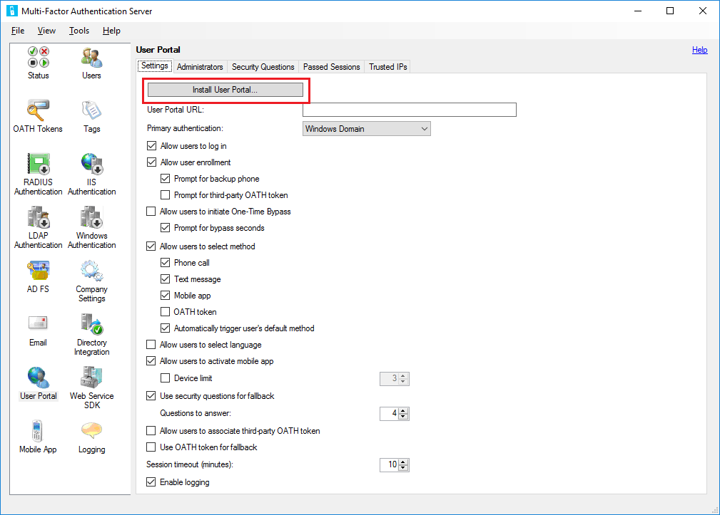 MFA Server User Portal installation