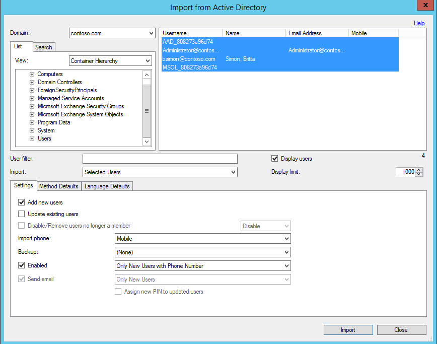 Import uživatele MFA Serveru ze služby Active Directory