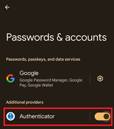 snímek obrazovky znázorňující povolení aplikace Authenticator jako poskytovatele, pomocí aplikace Authenticator, pro zařízení s Androidem