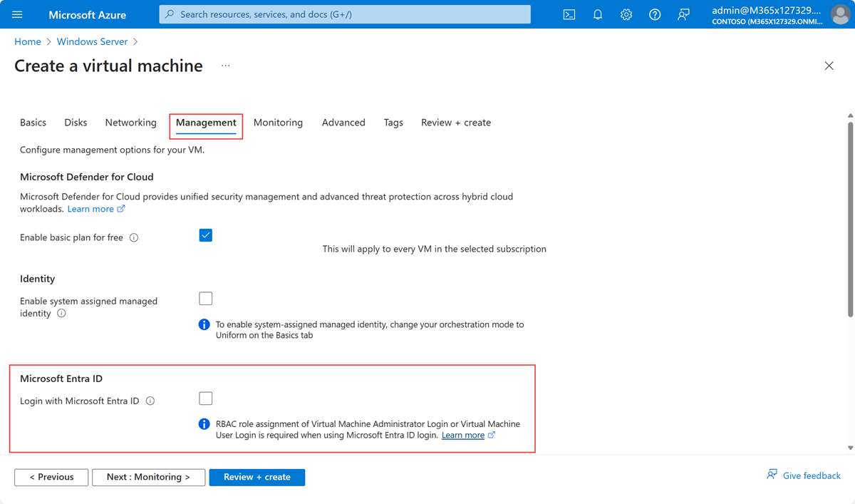 Snímek obrazovky znázorňující kartu Správa na stránce webu Azure Portal pro vytvoření virtuálního počítače