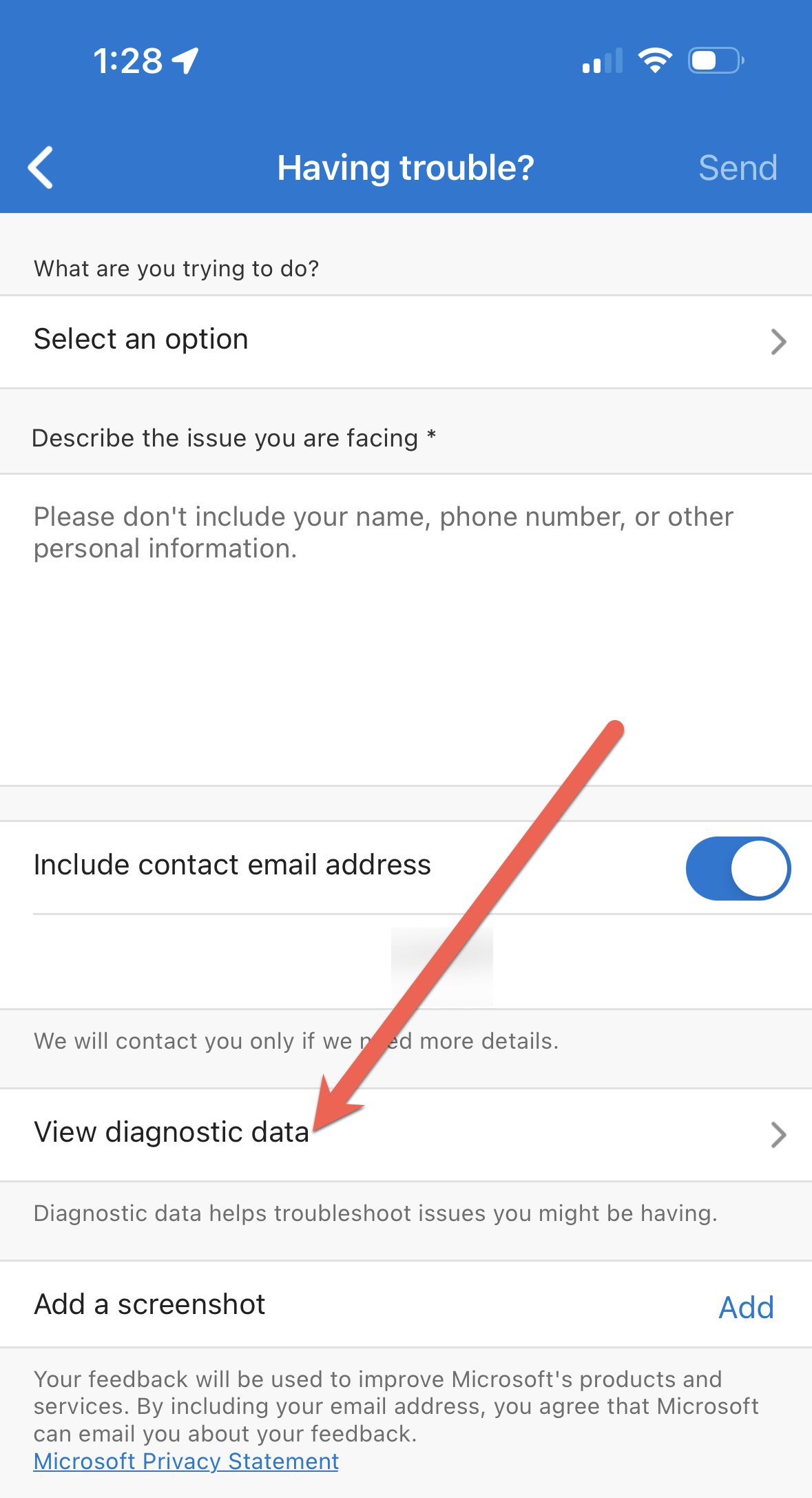 Snímek obrazovky zobrazující tlačítko zobrazit diagnostická data v aplikaci Microsoft Authenticator