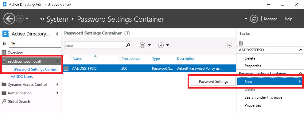 Vytvoření zásad hesel v centru správy služby Active Directory