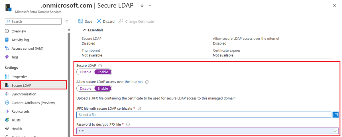 Povolení protokolu SECURE LDAP pro spravovanou doménu v Centru pro správu Microsoft Entra