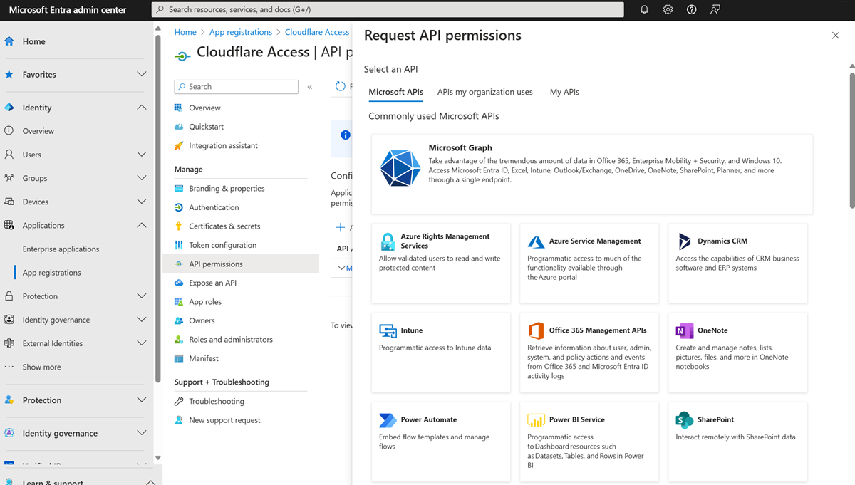 Snímek obrazovky s možností Microsoft Graph v části Oprávnění rozhraní API požadavku