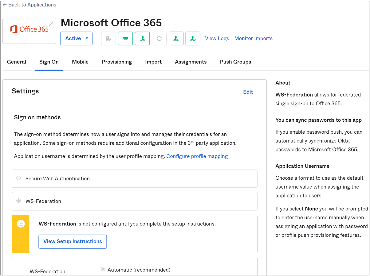 Snímek obrazovky s nastavením v části Přihlásit se pro systém Microsoft Office 365