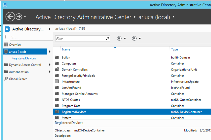 zaregistrovaná zařízení v Centru pro správu služby Active Directory