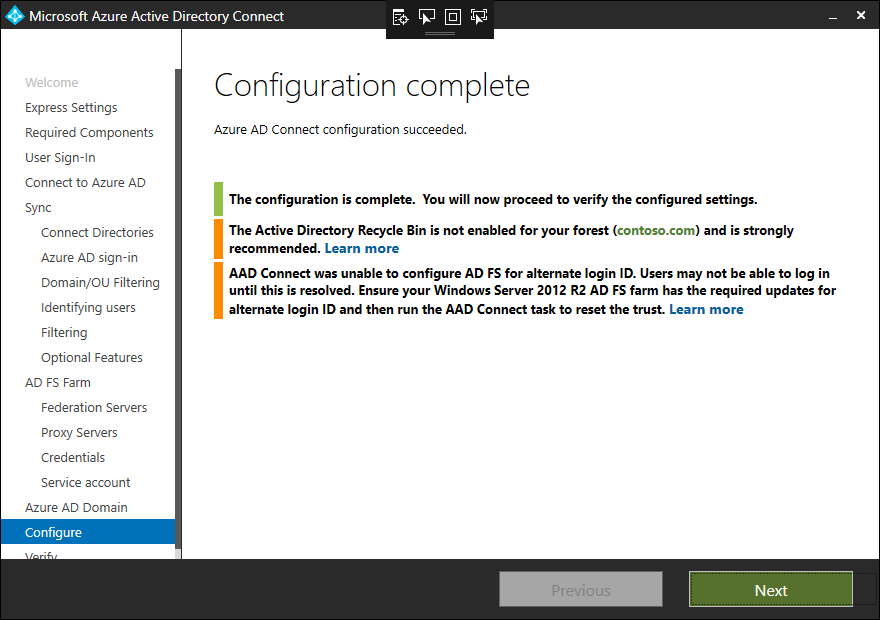 Snímek obrazovky se stránkou Dokončení konfigurace zobrazující upozornění na chybějící znalostní bázi ve Windows Serveru 2012 R2