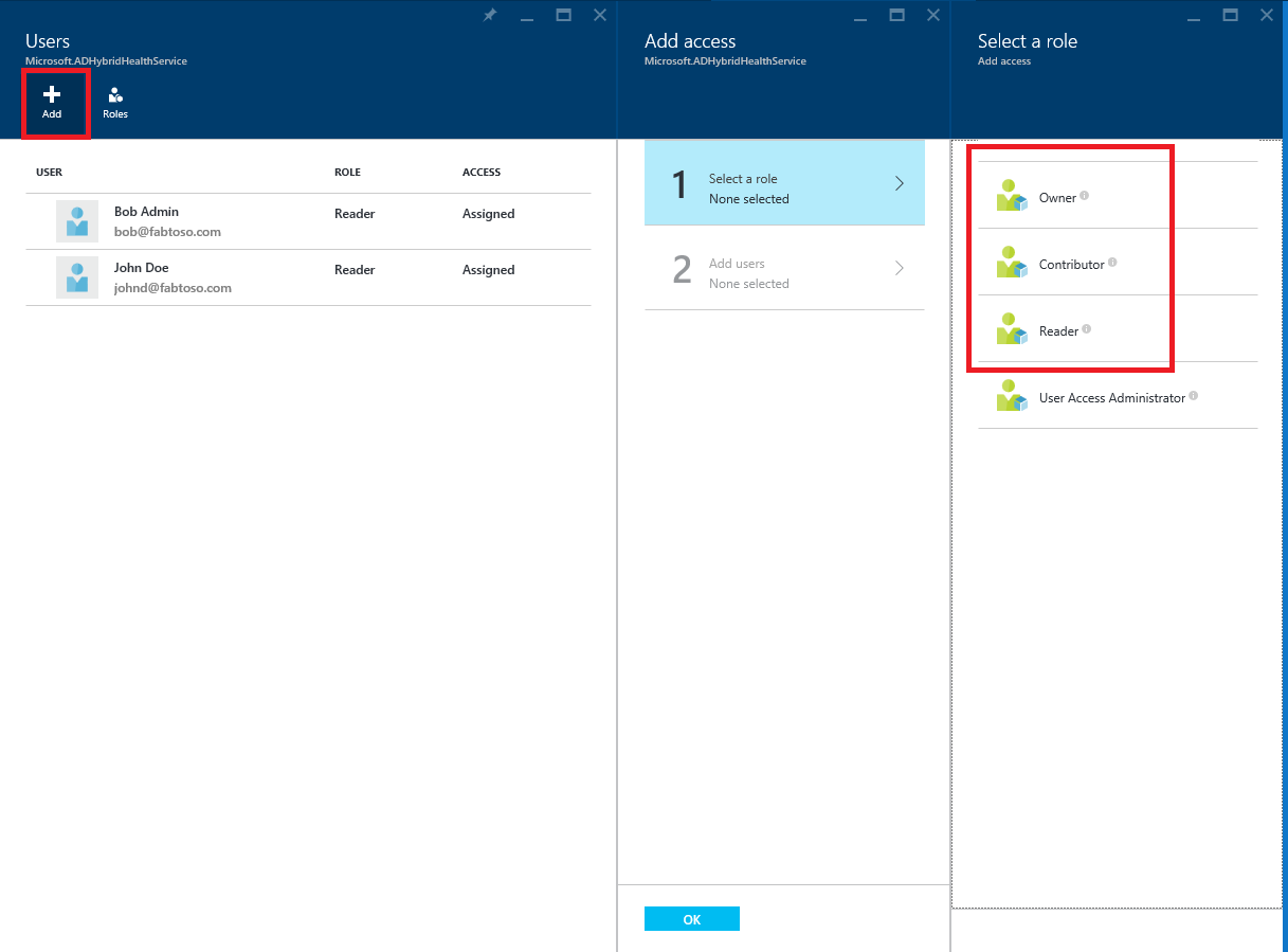 Snímek obrazovky s nabídkou Konfigurace služby Microsoft Entra Connect Health a Azure RBAC