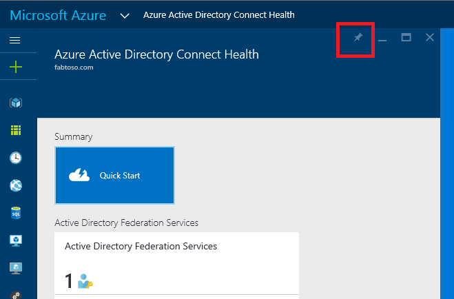 Snímek obrazovky s oknem Připnutí Microsoft Entra Connect Health a Azure RBAC a zvýrazněnou ikonou připnutí