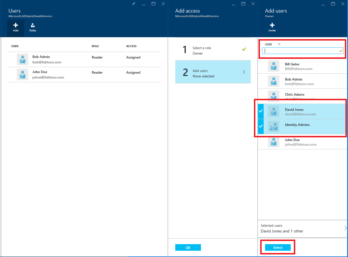 Snímek obrazovky se seznamem rolí Microsoft Entra Connect Health a Azure