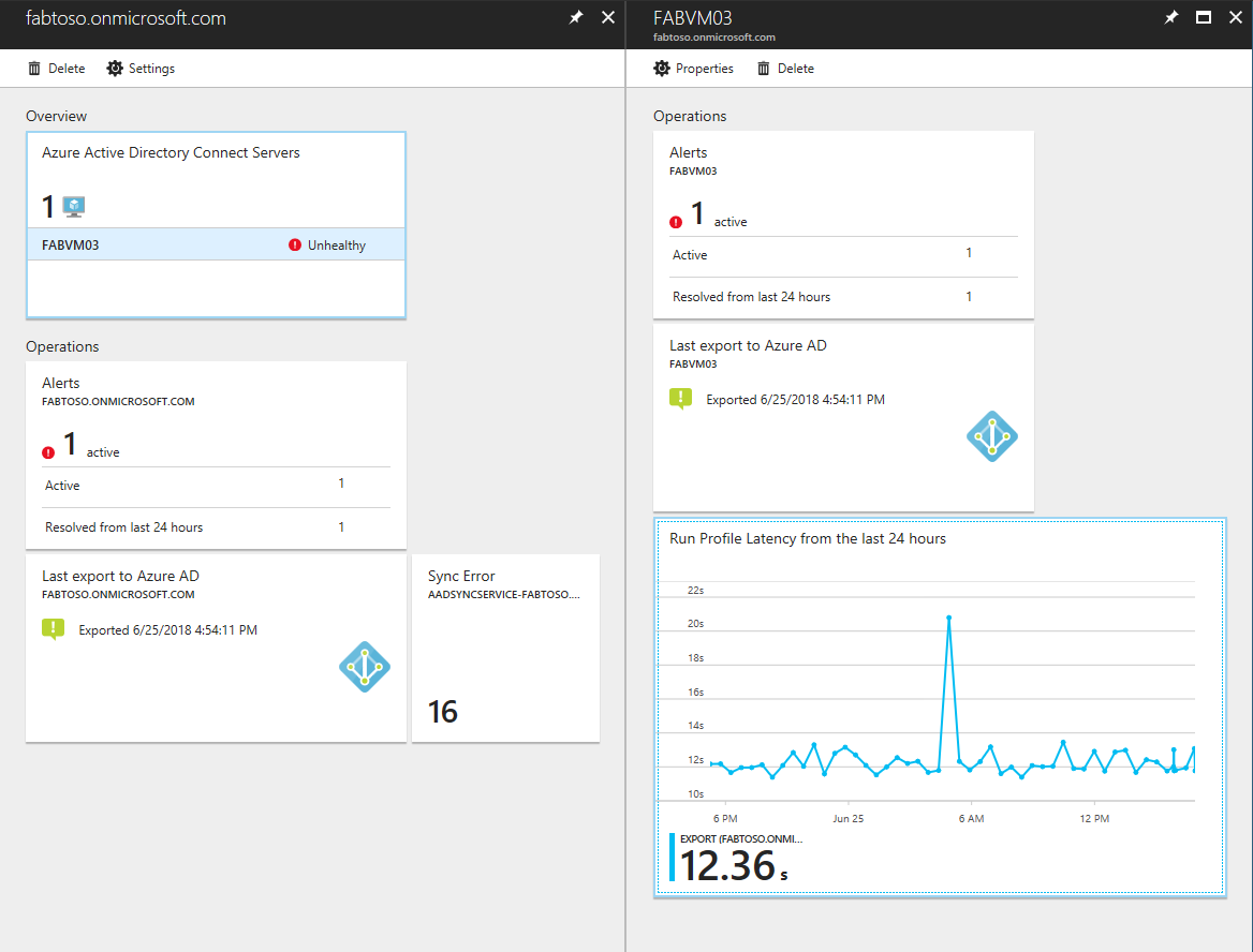 Snímek obrazovky se stránkou Microsoft Entra Připojení Health for Sync