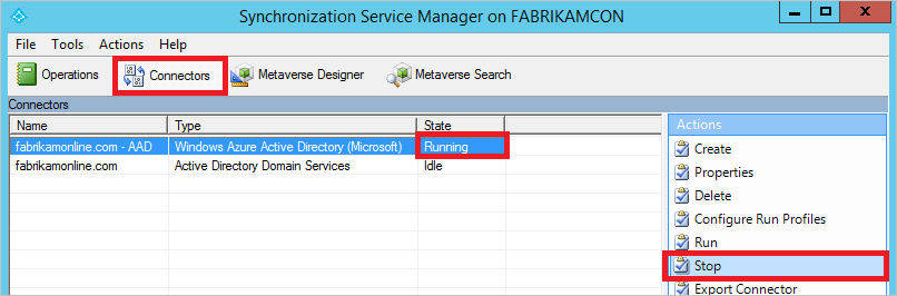 Snímek obrazovky ukazuje Synchronization Service Manager s vybranými konektory a zvýrazněným spuštěným konektorem s vybranou akcí Zastavit.