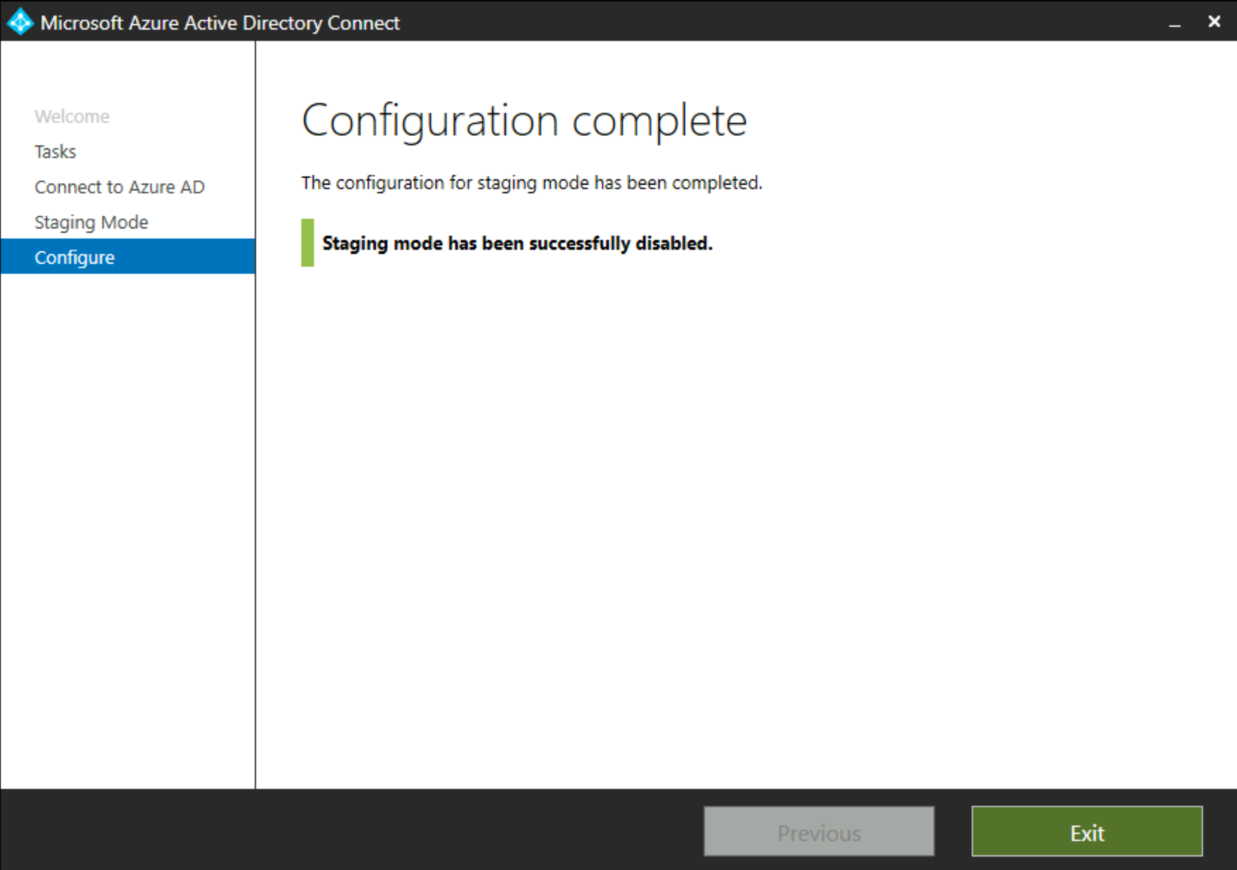 Snímek obrazovky ukazuje potvrzovací obrazovku v dialogovém okně Staging Microsoft Entra Connect.